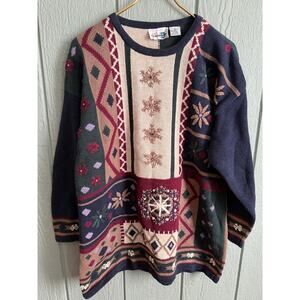 Vintage Tapestry Sweater Women’s LG Patchwork Floral Snowflake Knit
